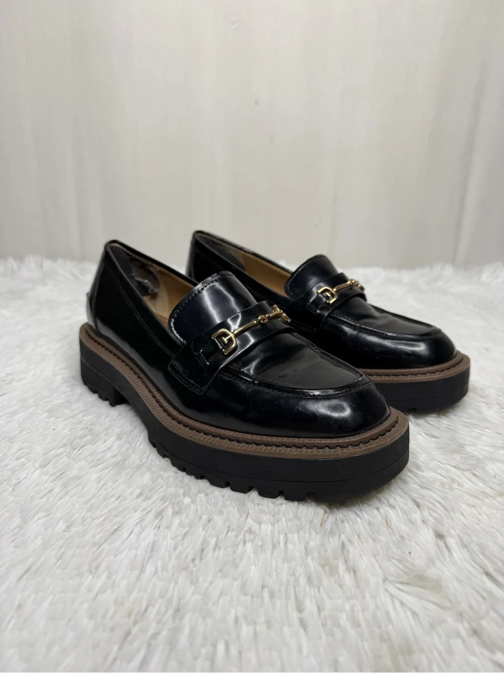 SAM EDELMAN / Laurs Chunky Black Patent Loafers Lug Sole Gold Horse Bit / 7.5